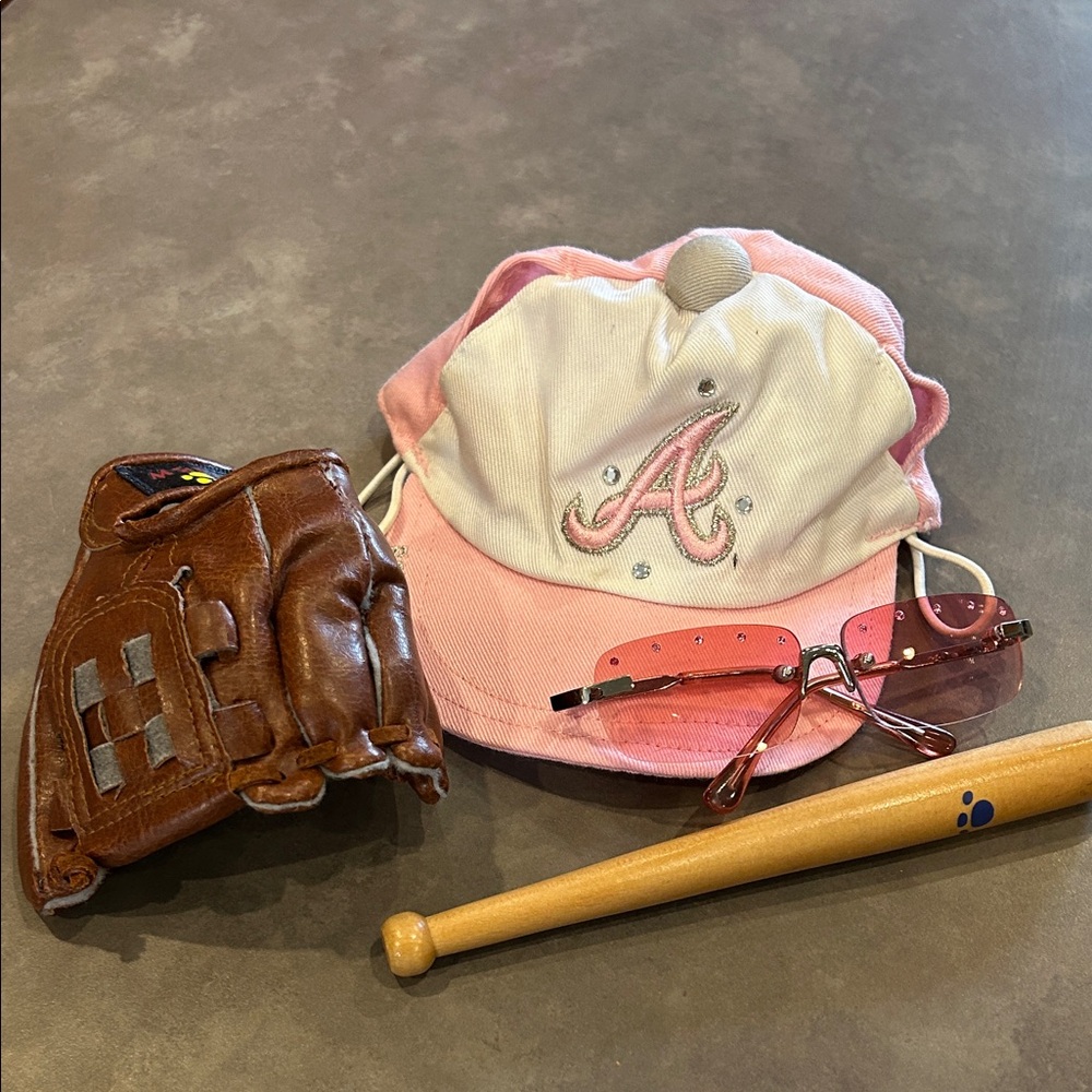 Build a Bear Pink and White Atlanta Braves Baseball Cap Glove Bat Glasses set